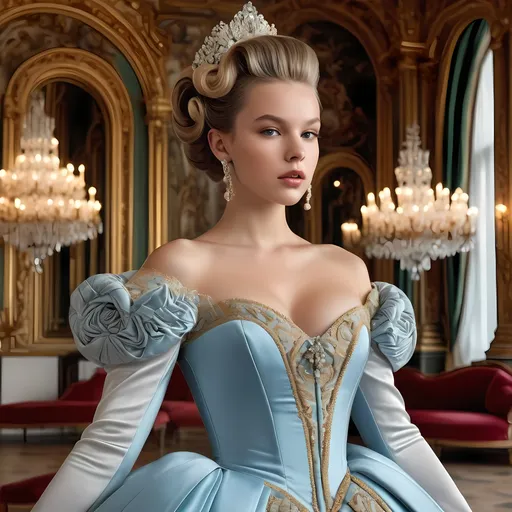 Prompt: Annalena  Baerbock in Rokoko Style, the main subject is a young woman who bears a striking resemblance to Millie Bobby Brown, She is seen in an opulent, Rococo-inspired mood painted by a blend of Artgerm and Rubens, breathtaking white rokoko updo hair, wearing an elaborate dress in vibrant winter colors. The dress is rich in architectural details and voluminous, adding to the grandeur of the image. This portrayal of the young woman is either a painting, showcasing her in an indoor palace setting. The background is teeming with an abundance of intricate and ornate elements, further accentuating the luxurious ambiance. The description aims to convey the exceptional quality of the image, capturing the viewer's attention through its extraordinary attention to detail and the lavishness it exudes.