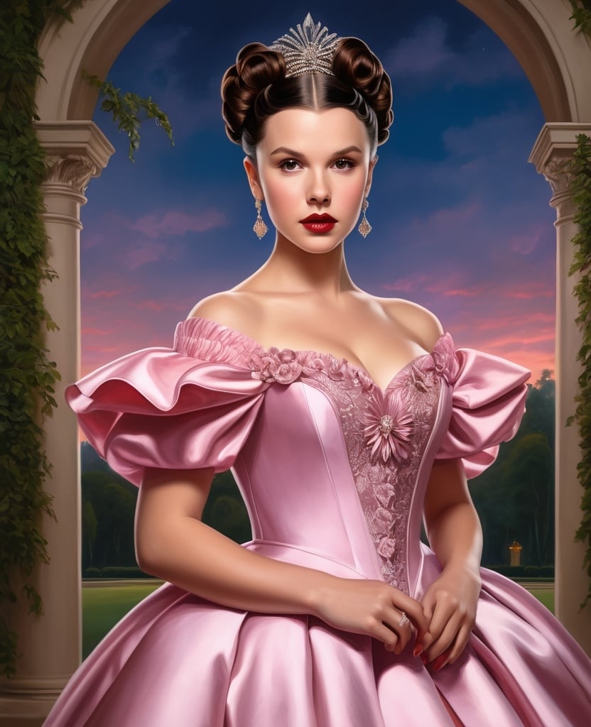 Prompt: Artgerm-inspired painting featuring Millie Bobby Brown as Scarlett O'Hara, posed before the Villa of Georgia, boasts a voluminous figure complemented by breathtaking Victorian garb, crowned with an elaborate hairstyle, a distinct wide nose graces her face, all enveloped by a twilight ambiance crafted to elicit awe, ultra realistic, infused with dramatic lighting, digital render.