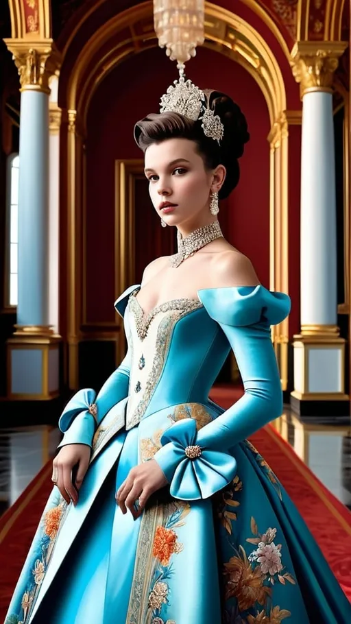 Prompt: Millie Bobby Brown in Rokoko Style, the main subject is a young woman who bears a striking resemblance to Millie Bobby Brown, She is seen in an opulent, Rococo-inspired mood painted by a blend of Artgerm and Rubens, breathtaking white rokoko updo hair, wearing an elaborate dress in vibrant winter colors. The dress is rich in architectural details and voluminous, adding to the grandeur of the image. This portrayal of the young woman is either a painting, showcasing her in an indoor palace setting. The background is teeming with an abundance of intricate and ornate elements, further accentuating the luxurious ambiance. The description aims to convey the exceptional quality of the image, capturing the viewer's attention through its extraordinary attention to detail and the lavishness it exudes.