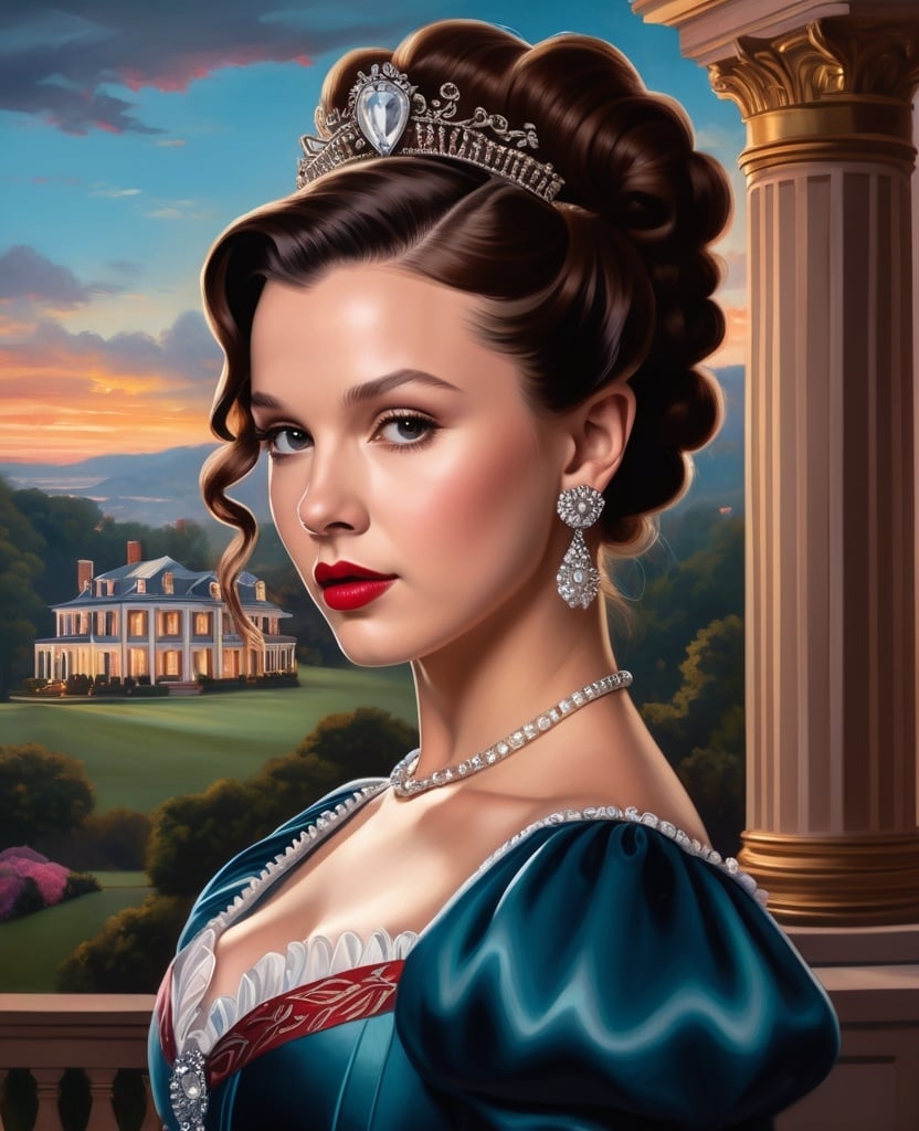 Prompt: Artgerm-inspired painting featuring Millie Bobby Brown as Scarlett O'Hara, posed before the Villa of Georgia, boasts a voluminous figure complemented by breathtaking Victorian garb, crowned with an elaborate hairstyle, a distinct wide nose graces her face, all enveloped by a twilight ambiance crafted to elicit awe, ultra realistic, infused with dramatic lighting, digital render.