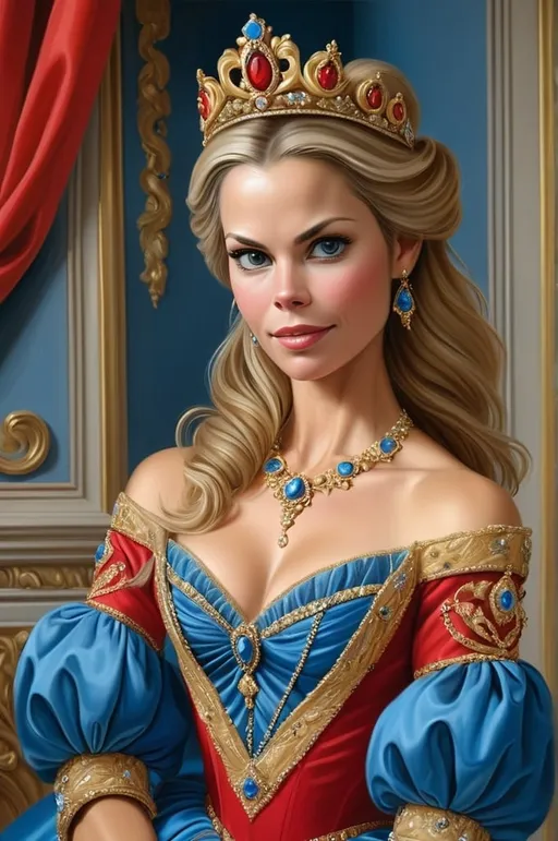 Prompt: Brooke Burns in a painting of a woman in a red dress with a blue dress and gold trimmings and a tiara, rococo, highly detailed oil painting, a hyperrealistic painting