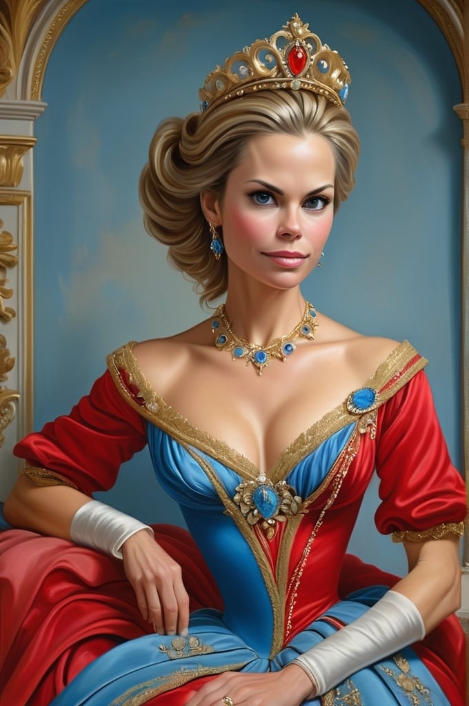 Prompt: Brooke Burns in a painting of a woman in a red dress with a blue dress and gold trimmings and a tiara, rococo, highly detailed oil painting, a hyperrealistic painting