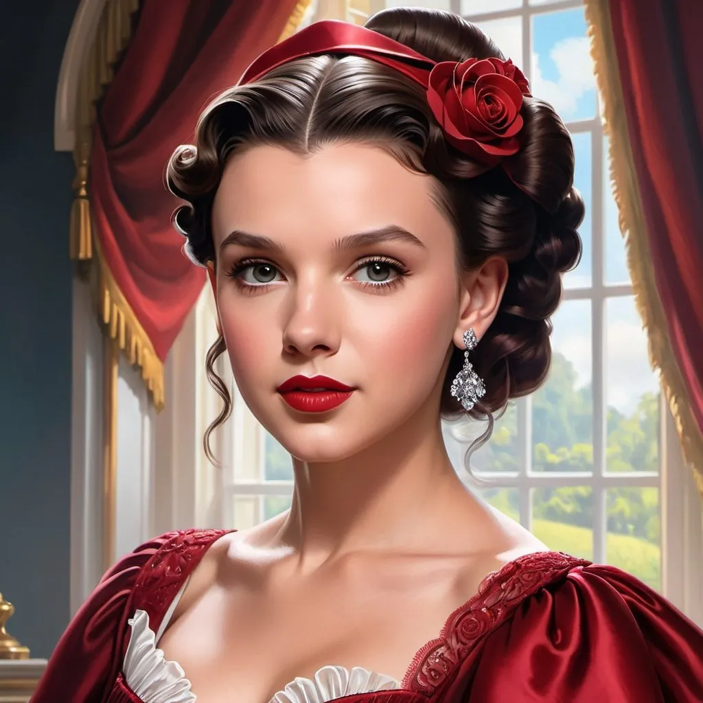 Prompt: Artgerm-inspired painting featuring Millie Bobby Brown as Scarlett O'Hara, posed before the Villa of Georgia, boasts a voluminous figure complemented by breathtaking Victorian garb, crowned with an elaborate hairstyle, a distinct wide nose graces her face, all enveloped by a twilight ambiance crafted to elicit awe, ultra realistic, infused with dramatic lighting, digital render.