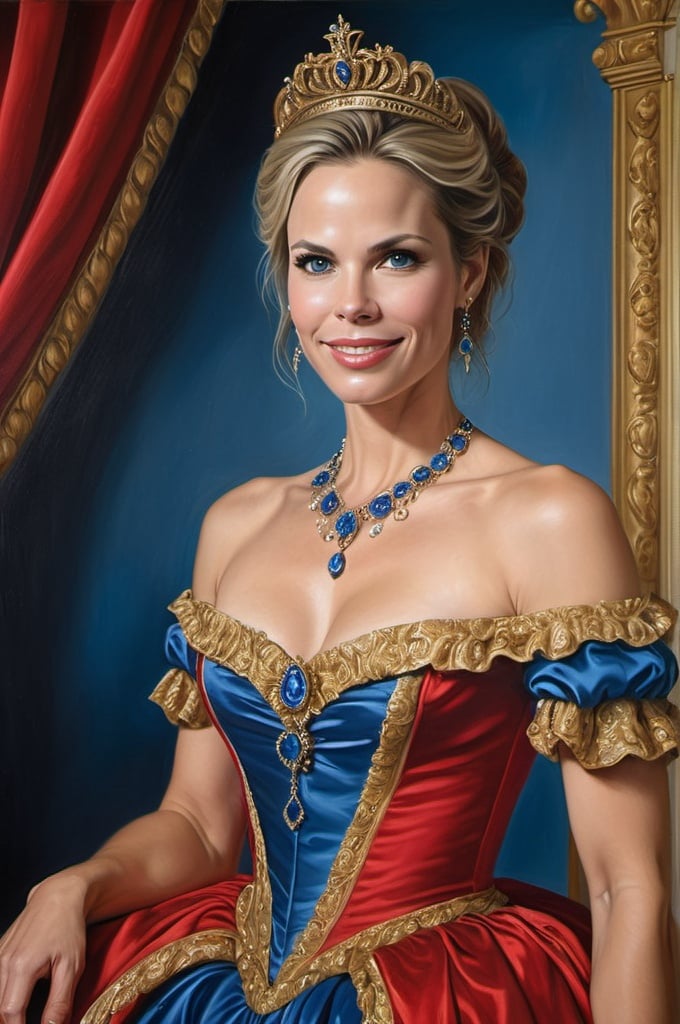 Prompt: Brooke Burns in a painting of a woman in a red dress with a blue dress and gold trimmings and a tiara, rococo, highly detailed oil painting, a hyperrealistic painting