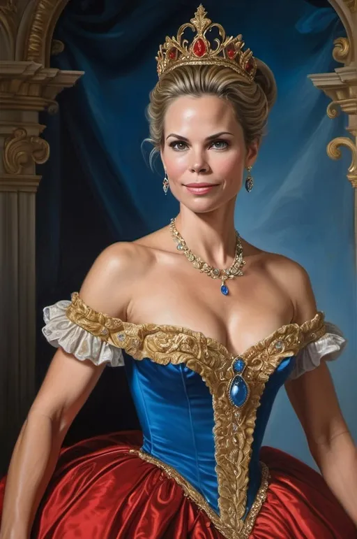 Prompt: Brooke Burns in a painting of a woman in a red dress with a blue dress and gold trimmings and a tiara, rococo, highly detailed oil painting, a hyperrealistic painting