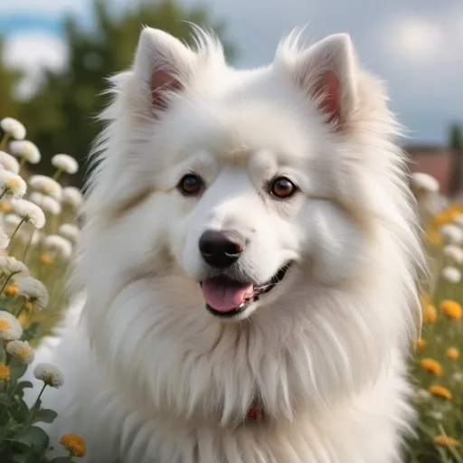 Prompt: A Fluffy Dog with White Hairs, Realistic Photo and 8K with Beautiful Ground with Flowers

