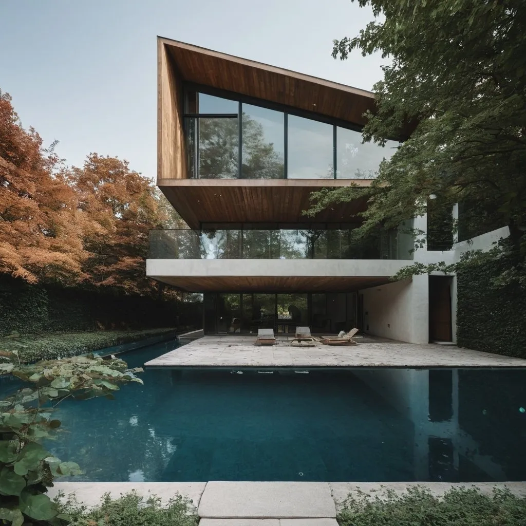 Prompt: Architectural House with Swimming Pool and Water Leaves Falling
