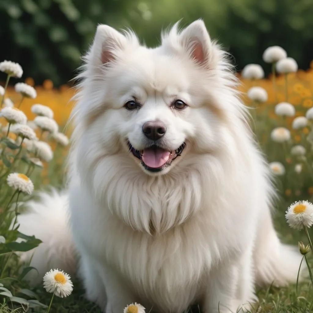 Prompt: A Fluffy Dog with White Hairs, Realistic Photo and 8K with Beautiful Ground with Flowers
