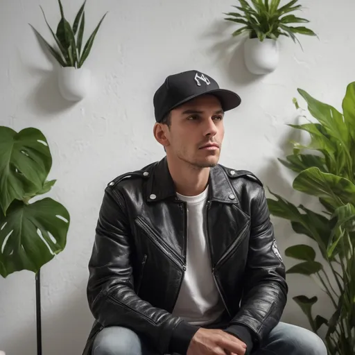 Prompt: Seated in a vibrant indoor space, a man wearing a black leather jacket and a baseball cap gazes thoughtfully, exuding a calm yet serious demeanor. The background is detailed with a textured white wall adorned with various items, including plants and beauty products, hinting at a personal or workspace setting. Soft lighting accentuates his features, bringing out the nuances of his expression and the sleek texture of his jacket. The overall composition creates an intimate atmosphere, suggesting a moment of contemplation amidst a lively, organized chaos, underscored by the scattered items on the floor that add a layer of realism to the scene.