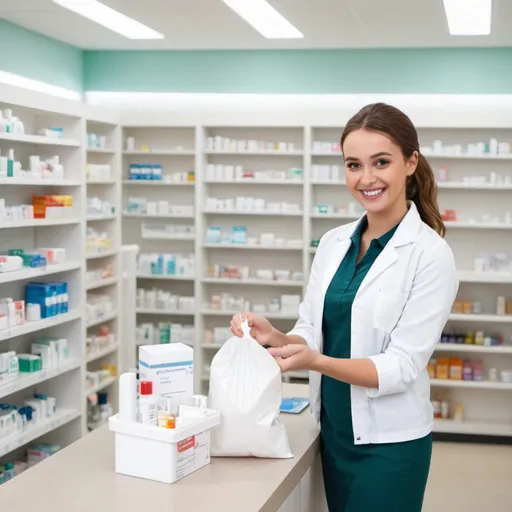 Prompt: A pharmacy employee with a warm smile, handing the customer a small white plastic bag with their product. The scene is in a clean, modern pharmacy.