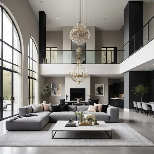 Prompt: Generate a stunning modern living room with high ceilings and elegant arches. The room should feature large floor-to-ceiling windows, sleek minimalist furniture in neutral tones, and a touch of luxury with a statement chandelier. Include an open-plan layout with seamless transitions between spaces, polished concrete floors, and stylish built-in shelving. The color palette should be a mix of white, gray, and black with subtle gold accents for a sophisticated, contemporary look