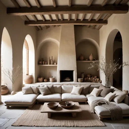 Prompt: Create a serene wabi sabi style living room with high ceilings and subtle arches. The space should emphasize natural materials and organic textures, featuring weathered wood beams, stone floors, and clay walls. Incorporate simple, handmade furniture with a focus on comfort and functionality, such as low wooden tables, linen cushions, and woven rugs. The color palette should include muted earth tones like soft browns, beiges, and greys. Highlight the beauty of imperfections with asymmetrical decor, dried floral arrangements, and minimalistic, handcrafted pottery. The overall ambiance should evoke a sense of tranquility and understated elegance