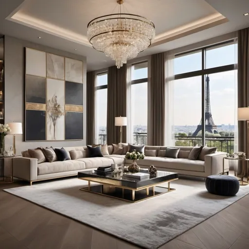 Prompt: Create a stunning ultra-luxury modern living room featuring sleek, contemporary design elements. The room should include high-end furniture with clean lines, a mix of plush textures, and a sophisticated color palette of neutrals with metallic accents. Large floor-to-ceiling windows offer breathtaking views of a Paris city, while designer lighting fixtures add a touch of elegance. The space should exude opulence and modernity, with carefully curated artwork and accessories that enhance the luxurious ambiance