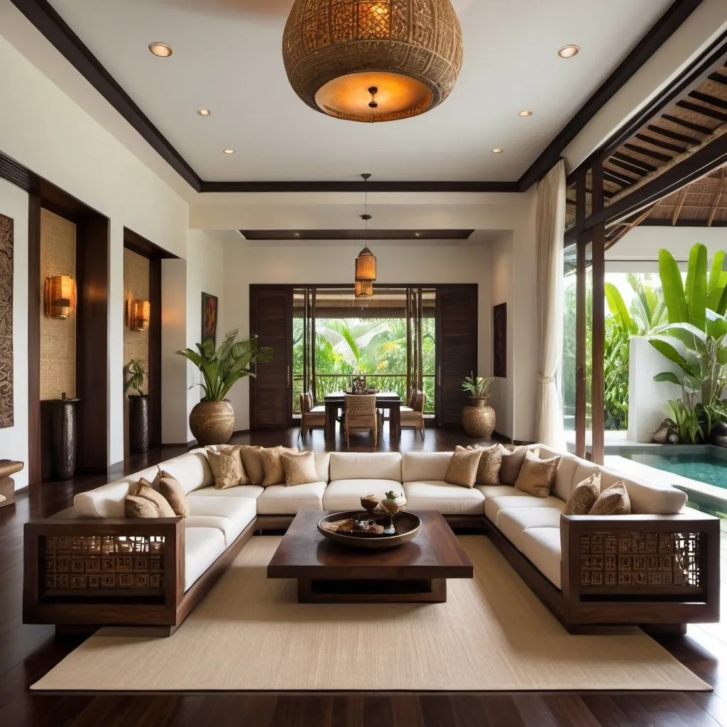 Prompt: Create a stunning ultra-luxury modern Balinese-style living room featuring sleek, contemporary design elements. The room should include high-end furniture with clean lines, a mix of plush textures, and a sophisticated color palette of neutrals with wood accents. Large floor-to-ceiling windows offer breathtaking views of a swimming pool, while designer Bali style lighting fixtures add a touch of elegance. The space should exude modernity, with carefully curated artwork and accessories that enhance the modern Balinese  ambiance 