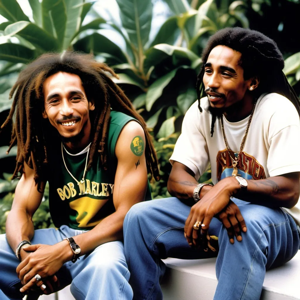 Prompt: BOB MARLEY CHILLING WITH 2PAC ON A BICHT SUN DAY