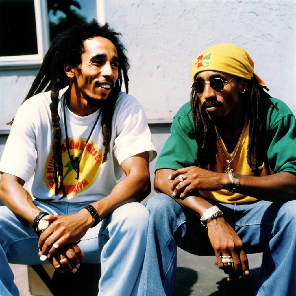 Prompt: BOB MARLEY CHILLING WITH 2PAC ON A BICHT SUN DAY