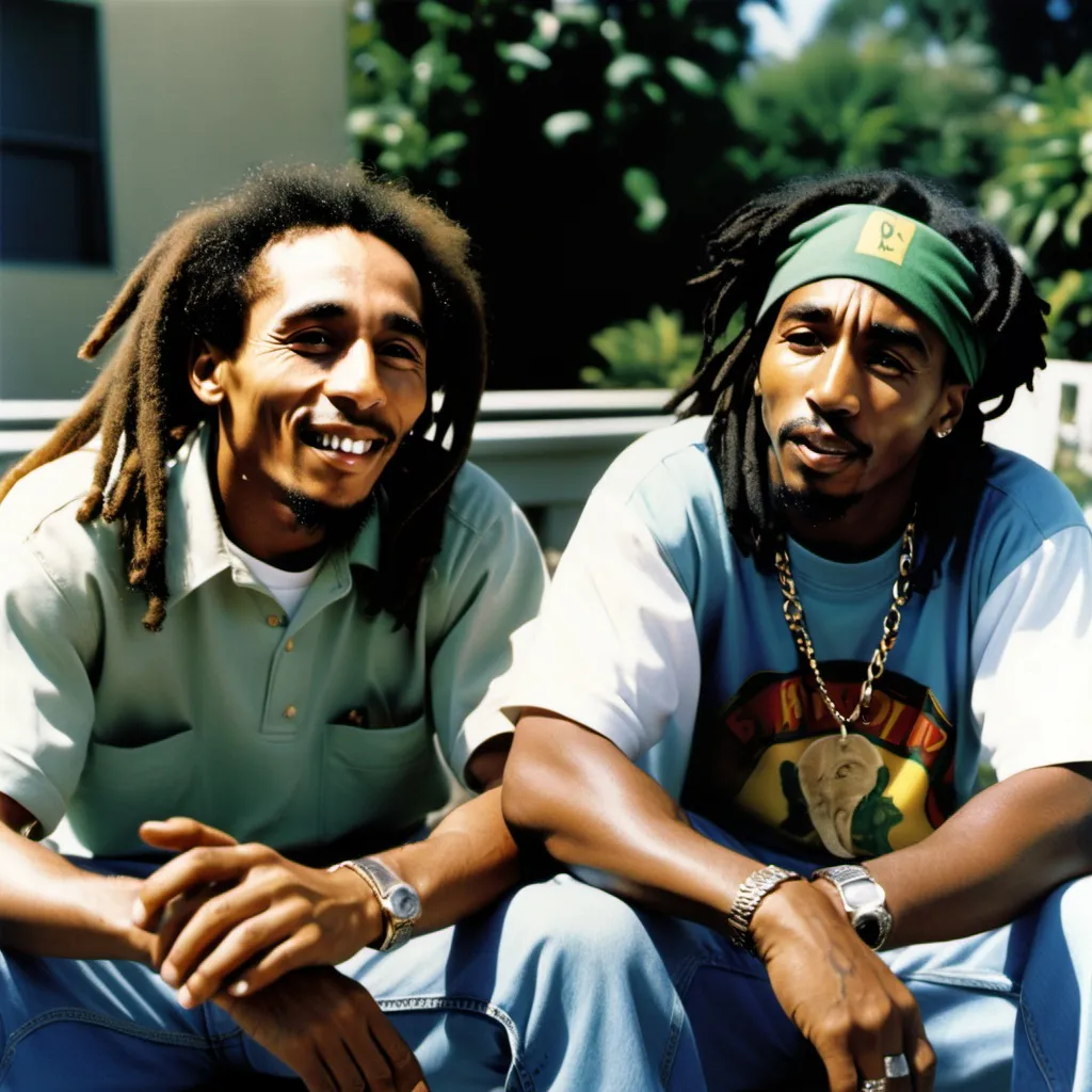 Prompt: BOB MARLEY CHILLING WITH 2PAC ON A BICHT SUN DAY