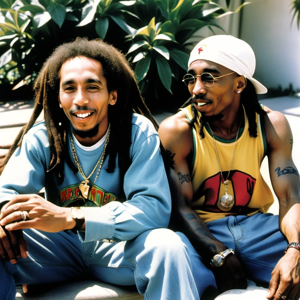 Prompt: BOB MARLEY CHILLING WITH 2PAC ON A BICHT SUN DAY