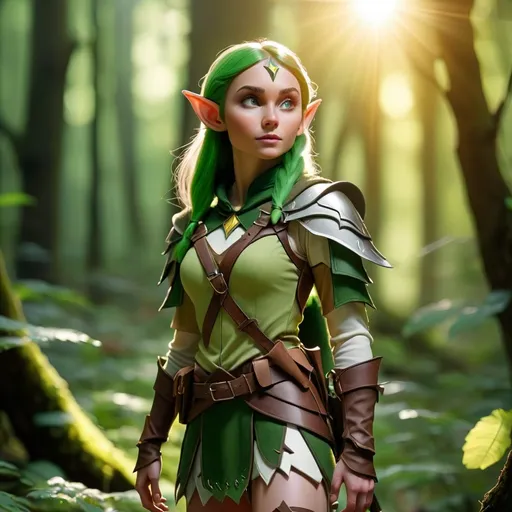 Prompt: Elf ranger in a mystical forest around sunlight