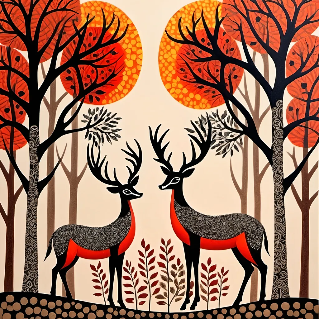 Prompt: Two deer standing in whimsical woods, combination of Indian Gond, Madhubani and Aboriginal spot painting, minimalism, stylized