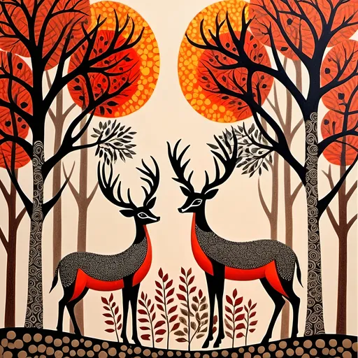 Prompt: Two deer standing in whimsical woods, combination of Indian Gond, Madhubani and Aboriginal spot painting, minimalism, stylized