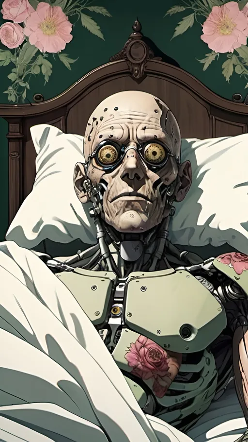 Prompt: an old cyborg laying in bed with a prosthetic right eye on his face and lying over a pillow with a floral design on it, dorohedoro style, plaid