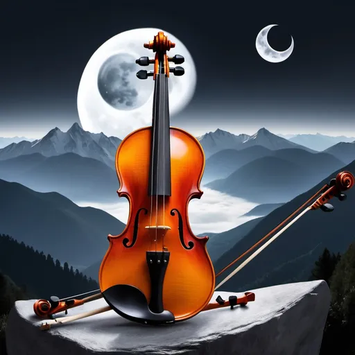 Prompt: A violin, the moon, yin and yang , mountains.