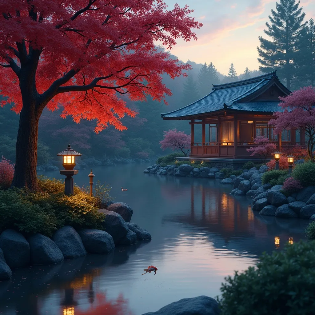 Prompt: A serene Japanese garden with a red maple tree, tranquil koi pond, and traditional stone lanterns, at twilight, digital art style with soft lighting
