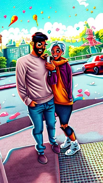 Prompt: Cartoon illustration of a cute couple, personalized art style, vibrant colors, whimsical and playful vibe, detailed features, high quality, personalized cartoon, vibrant colors, playful vibe, detailed features, high quality