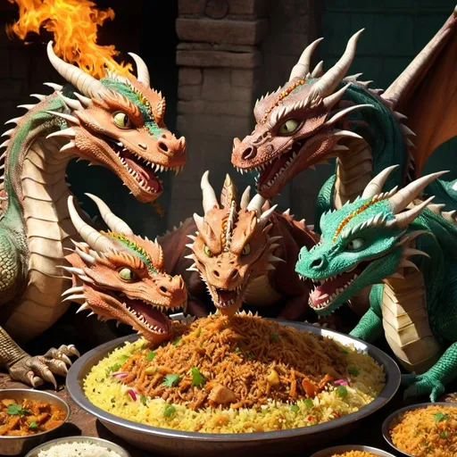 Prompt: Dragons eating baryani