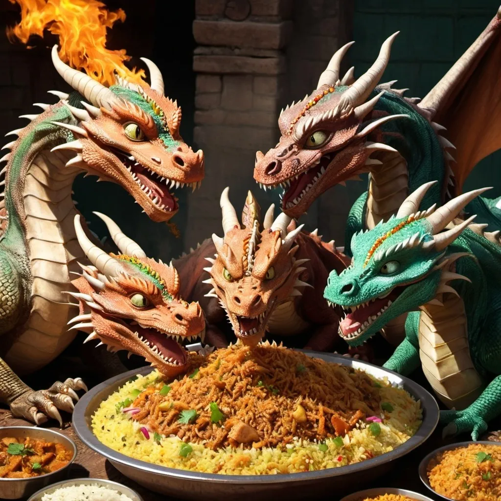 Prompt: Dragons eating baryani