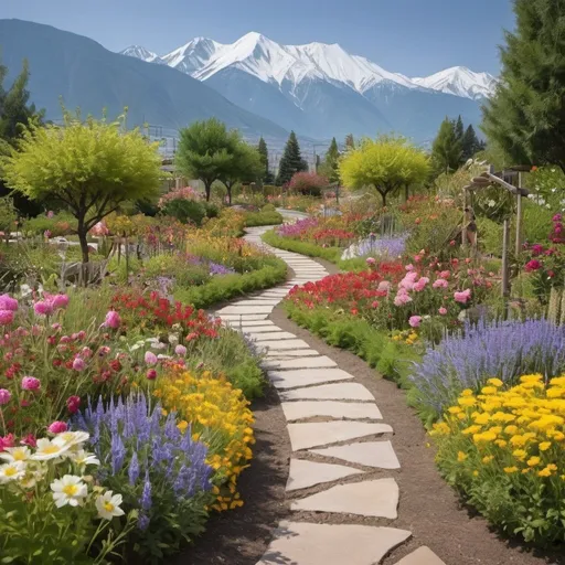 Prompt: intersecting pathways in an abundant flower garden with mountains in the background