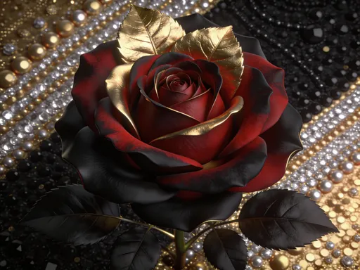 Prompt: create a 3d picture of magnificent big rose , it should be colored in artistic gold and deep red, deep black colors of the leaves. 
upper petal leaves of the rose should be with 3 colors : gold ,deep red , and majestic black .
rose should have a background of gold and black and silver,  with appealing texture of amazing  beads
rose should be in a very high quality and high focus. 
rose should have the petal leaves only.
rose should displayed from the top of it..
viewer must get the feeling of 3D rose getting out of the image. and colors should be very realistic and the rose should be shown fully.
yet the whole picture should look as out of a legend .
