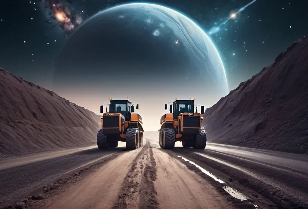 Prompt: A cosmic road with heavy road building machinery nearby