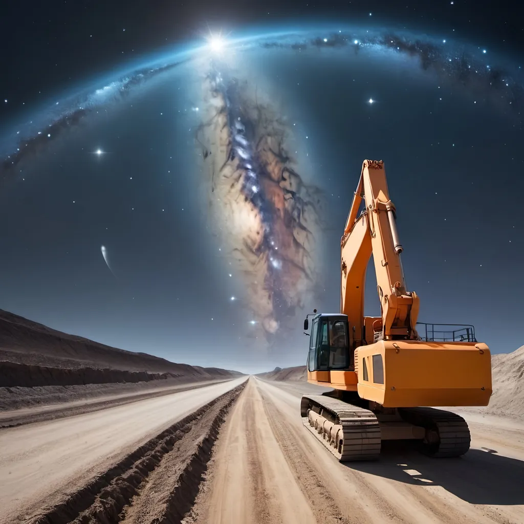 Prompt: A cosmic road with heavy road building machinery nearby