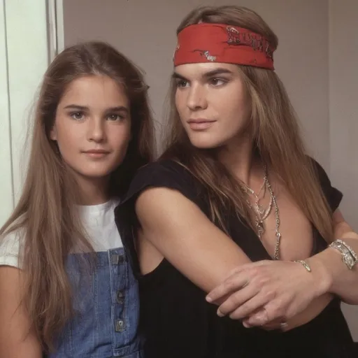 Prompt: Young brooke shields next to young axl Rose