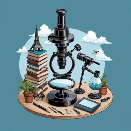 Prompt: magnifying glasses, microscope, bridge, tower for T-shirt image