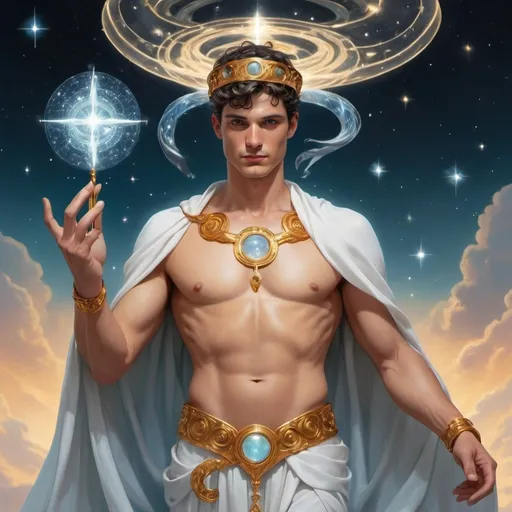 Prompt: Hermes appears as a luminous figure, his presence suffused with an otherworldly glow that seems to emanate from within him. His skin, if visible, might shimmer faintly with iridescence, hinting at his connection to arcane energies. his eyes, deep and enigmatic, holds a wisdom that spans ages, their color shifting subtly like the play of light on water.

He wears robes that seem to flow as if made of the very essence of magic itself—translucent yet vibrant, adorned with intricate patterns that resemble constellations or arcane runes. Symbols of his domain—a wand, or a crown of stars—may adorn his attire, each item pulsing softly with magical energy.

Hermes hair cascades around his shoulders like a cascade of moonlit mist, occasionally flickering with tiny sparks of light. It seems to move of its own accord, as if responding to unseen currents of magic that permeate the air.

His presence evokes a sense of both serenity and power, as if he embodies the delicate balance between the forces of creation and the mysteries of the cosmos. Hermes form may appear ageless, timeless, and yet ever-changing, reflecting the boundless nature of magic itself.