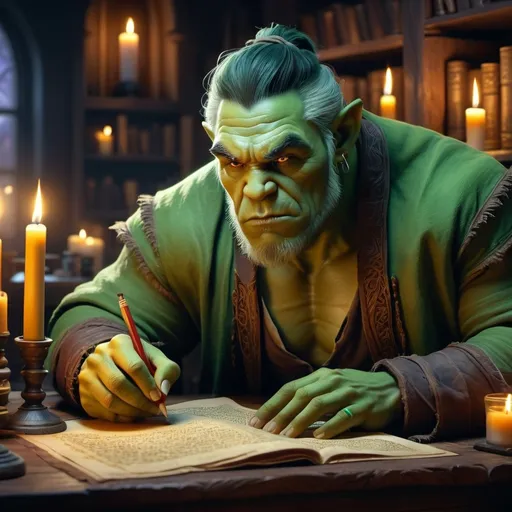 Prompt: (Orc mage scribing on parchment), green skin, magic glow in the background, enchanting atmosphere, detailed expression focused on work, intricate parchment details, vibrant colors with a warm glow, medieval fantasy setting, dimly lit room with candles, bookshelf filled with ancient tomes in the background, ultra-detailed, cinematic 4K, high-definition, digital rendering, trending on ArtStation, fantasy artwork masterpiece.