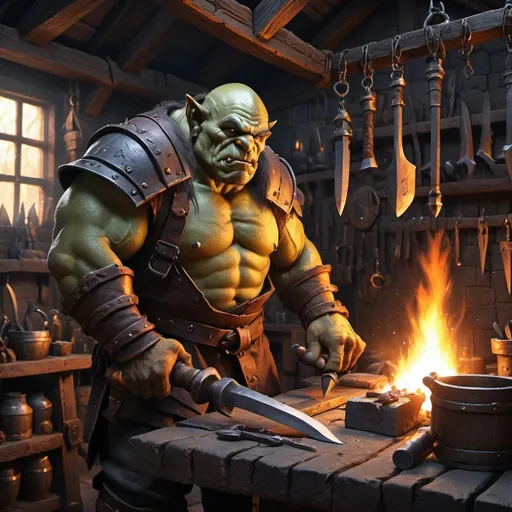 Prompt: an orc blacksmith, warm glowing forge, medieval fantasy workshop, vibrant colors, dramatic lighting, high detail, finely crafted weapons and armor, compelling character interaction, rich textures, realistic character expressions, 4K, ultra-detailed, high-quality illustration, inviting and bustling atmosphere, elaborate backgrounds with shelves of tools and materials, depth and dimension in scene elements.