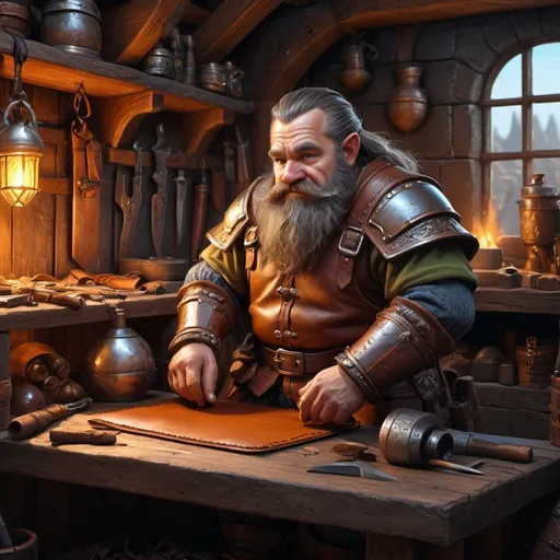 Prompt: an dwarf leather worker, warm glowing stitching mat, medieval fantasy workshop, vibrant colors, dramatic lighting, high detail, finely crafted leather armor, compelling character interaction, rich textures, realistic character expressions, 4K, ultra-detailed, high-quality illustration, inviting and bustling atmosphere, elaborate backgrounds with shelves of tools and materials, depth and dimension in scene elements.