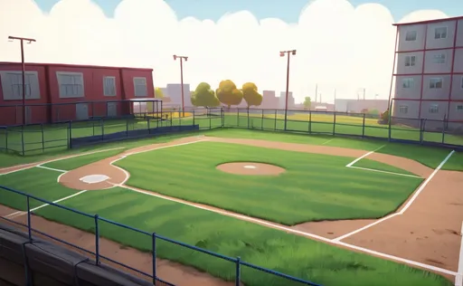 Prompt: Ground-level view of a backyard baseball field from the first-base side, stylized, high poly, hand-painted texture, vector art, shock art, Art Brom, 2D game art, professional, best quality, cartoon, vector, high contrast, exaggerated,  vibrant colors, detailed, energetic atmosphere, concept art, pop art, game asset, blurry out of focus baseball field in the background