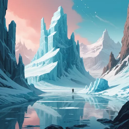 Prompt: Pascal Blanché sci-fi and fantasy style reminiscent of comics and 80s fantasy illustration 2D ice glace land