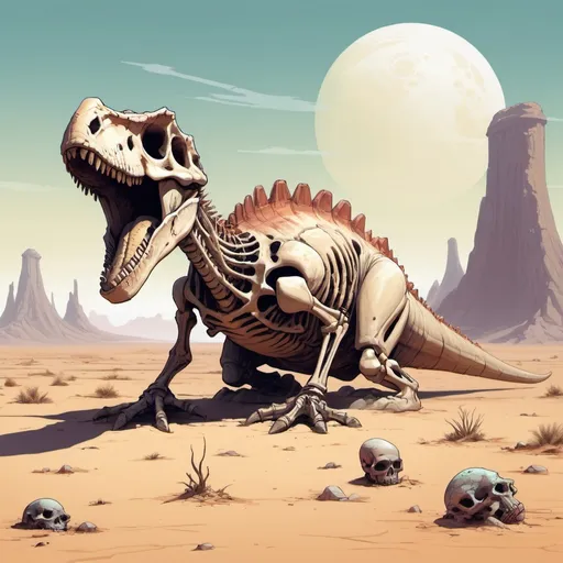 Prompt: Pascal Blanché sci-fi and fantasy style reminiscent of comics and 80s fantasy illustration 2D desert land bones dead dinosor canion on the ground