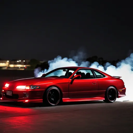 Prompt: toyota soarer red, black rims tinted back lights in burnout lights are lit