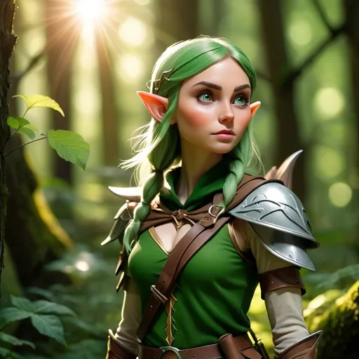 Prompt: Elf ranger in a mystical forest around sunlight