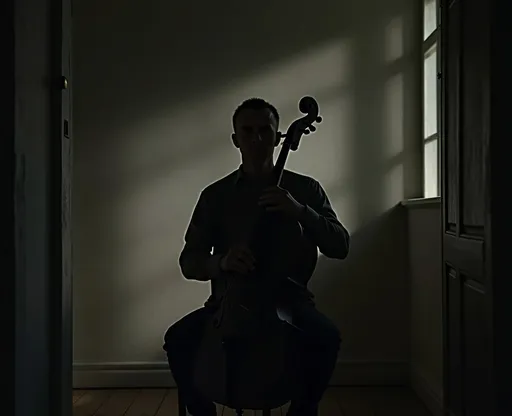 Prompt: Imagine a dimly lit room with shadows casting across the walls. In the center, a man is sitting with his back to the viewer, holding a cello. The only light in the room might come from a small window or a faint lamp, highlighting the contours of the cello but leaving the man's face obscured in darkness. 