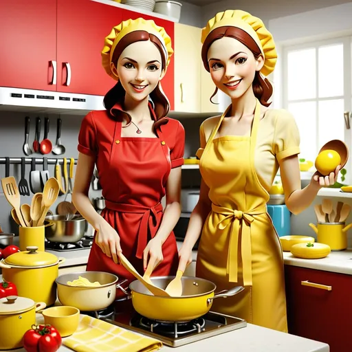 Prompt: women cooking in kitchen with dress color red and yellow