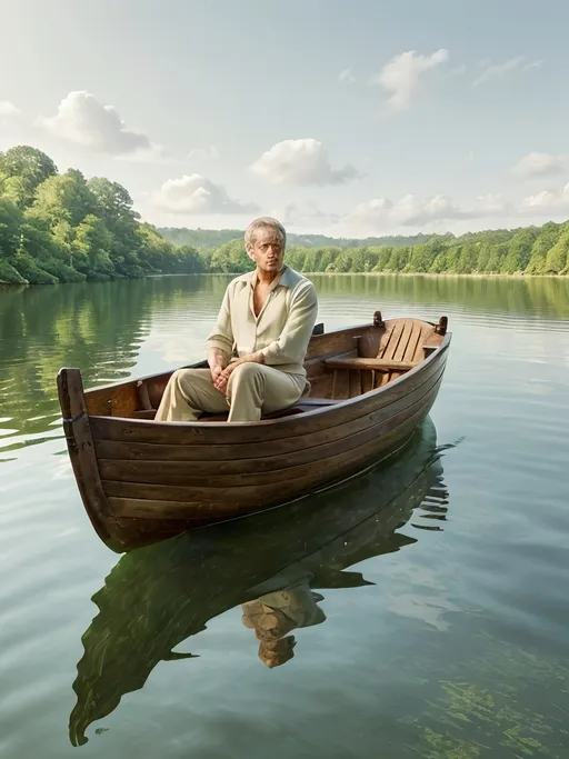 Prompt: (captivated man seated) (in a wooden boat), calm water reflections, serene atmosphere, lush green surroundings, soft sunlight filtering through trees, gentle waves creating ripples, high detail, tranquil moment, nature's embrace, soothing color tones, peaceful ambiance, ultra-detailed, 4K, inviting scenic view.