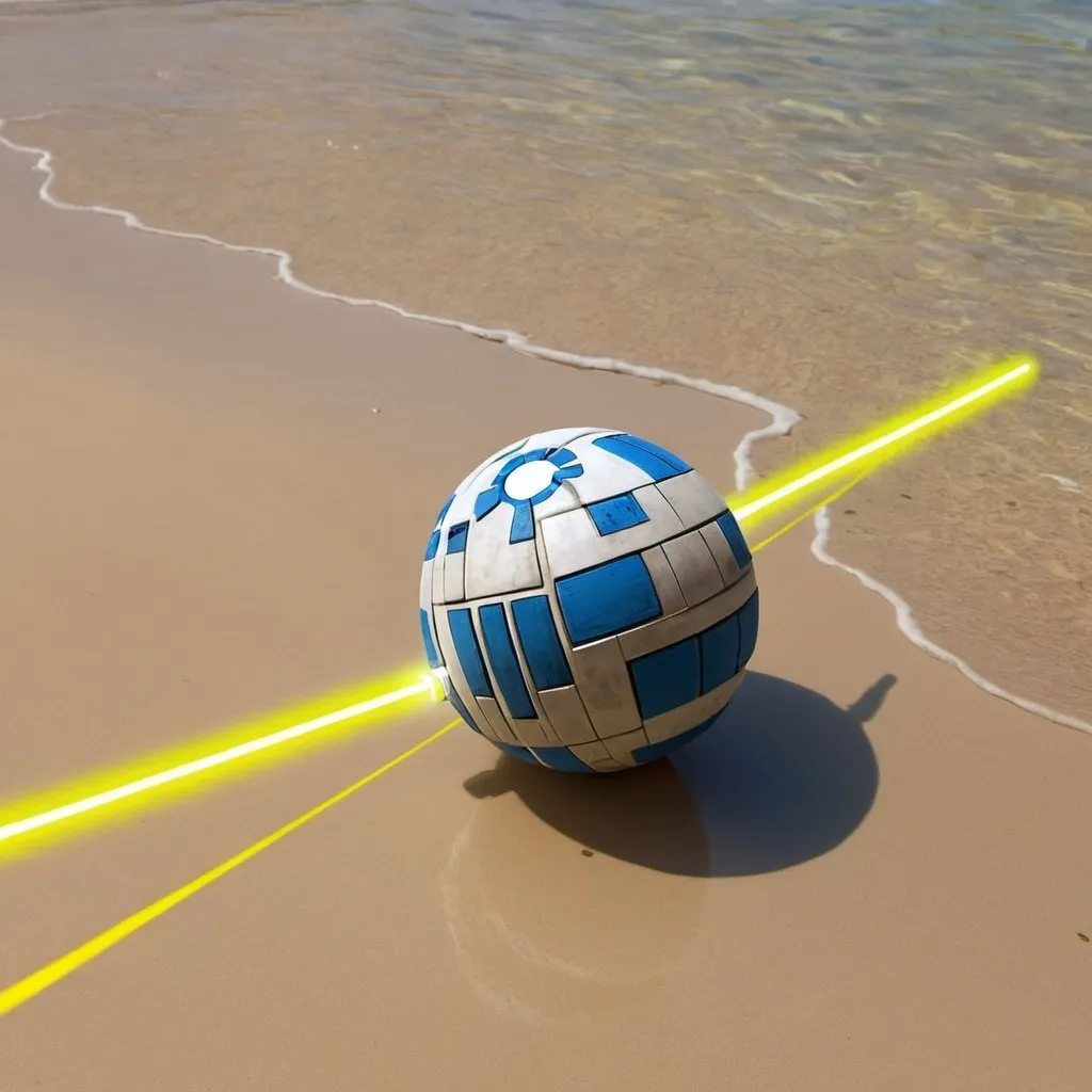 Prompt: creer moi une image avec un sabre laser star wars réaliste en diagonale, une balle de volley jaune et bleu. En arrière plan une étendue d'eau
 réaliste et dans la pénombre